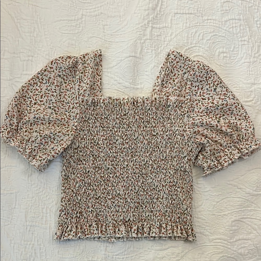 Floral Ruffled Puff Sleeve Smocked Top